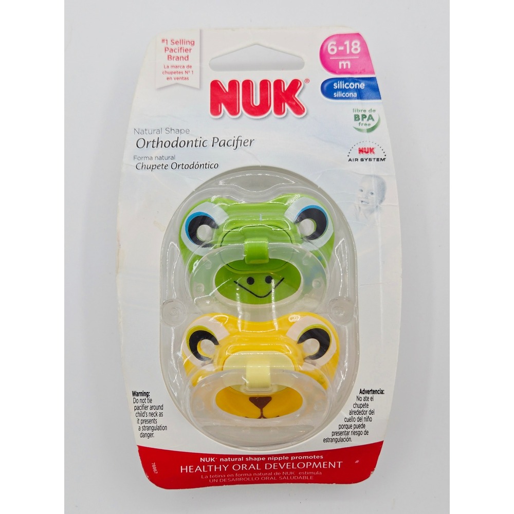 NUK Orthodontic Pacifier 2 Pack 6-18m Silicone Frog Lion Green Yellow BPA Free